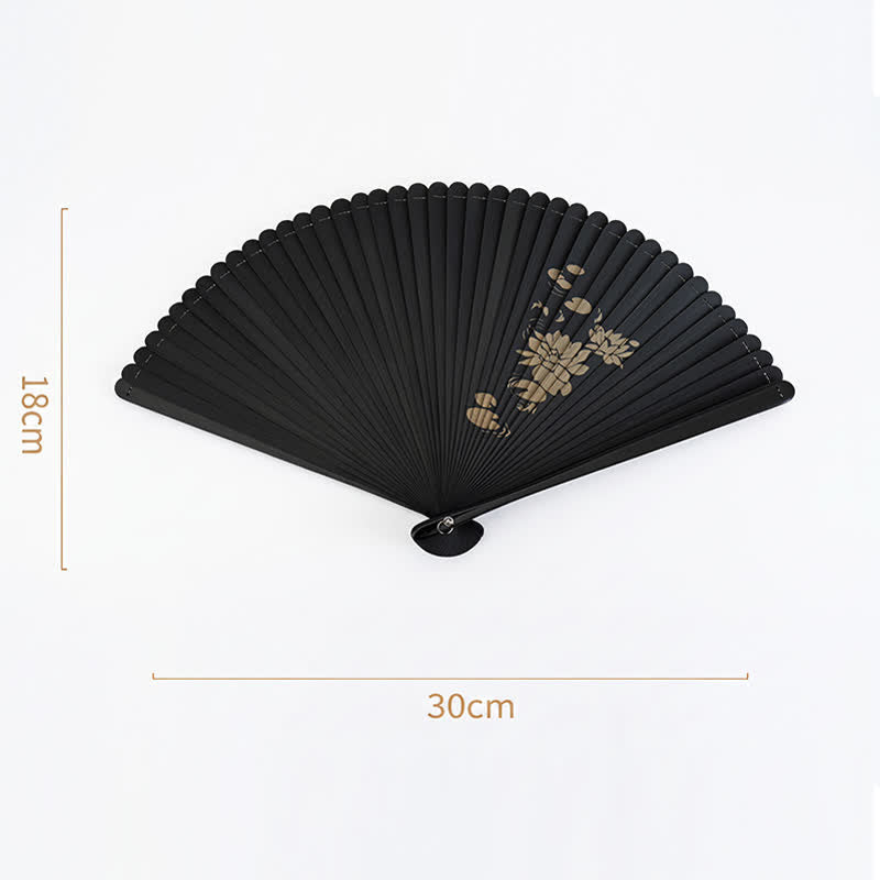 Buddha Stones Ventilador plegable con estampado de bambú negro, peces koi, loto, osmanto, golondrinas y libélulas - image 9