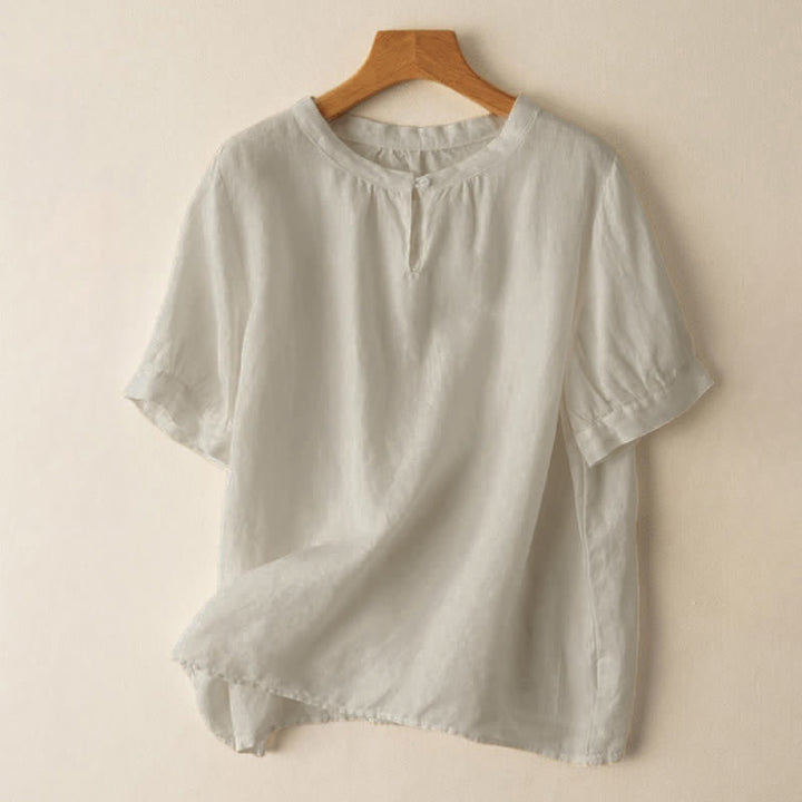 Camisa de lino de manga corta con cuello redondo y botones, estilo casual para mujer, con estampado de Buddha Stones. - Beige - US8-10，UK/AU12-14，EU40-42 (2XL) - image 0