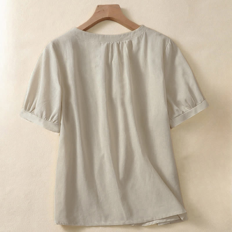 Camisa de lino de manga corta con cuello redondo y botones, estilo casual para mujer, con estampado de Buddha Stones. - image 1