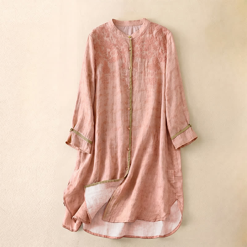 Vestido midi casual de verano con cuello alto y mangas tres cuartos, diseño de Buddha Stones y bordados. - Rosa - US8-10，UK/AU12-14，EU40-42 (2XL) - image 22