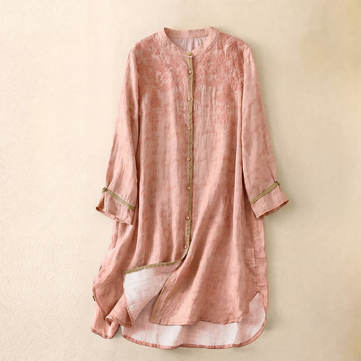 Vestido midi casual de verano con cuello alto y mangas tres cuartos, diseño de Buddha Stones y bordados. - Rosa - US8-10，UK/AU12-14，EU40-42 (2XL) - image 22