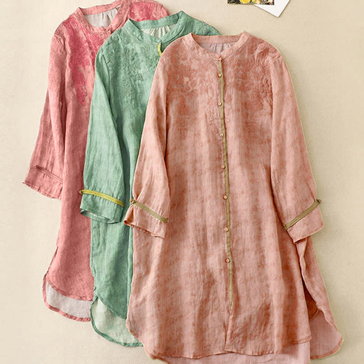 Vestido midi casual de verano con cuello alto y mangas tres cuartos, diseño de Buddha Stones y bordados. - image 23