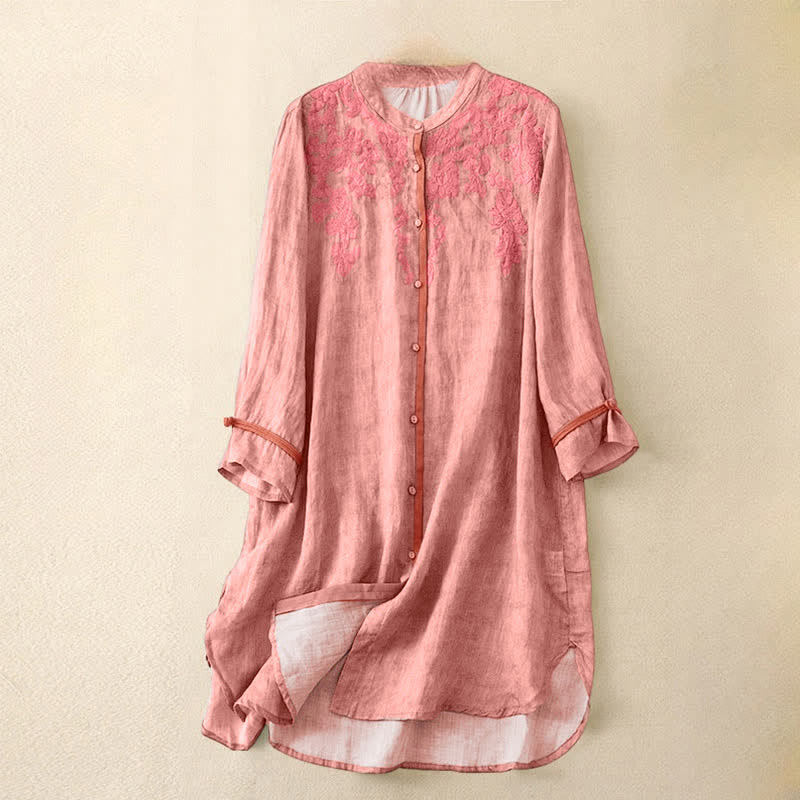 Vestido midi casual de verano con cuello alto y mangas tres cuartos, diseño de Buddha Stones y bordados. - Coral claro - US8-10，UK/AU12-14，EU40-42 (2XL) - image 6
