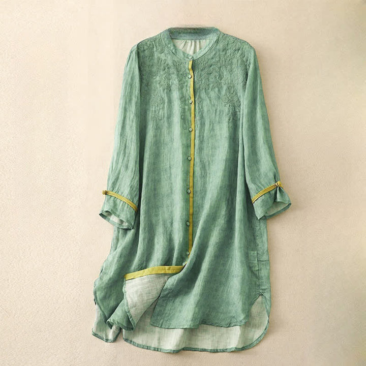 Vestido midi casual de verano con cuello alto y mangas tres cuartos, diseño de Buddha Stones y bordados. - Verde mar medio - US8-10，UK/AU12-14，EU40-42 (2XL) - image 0