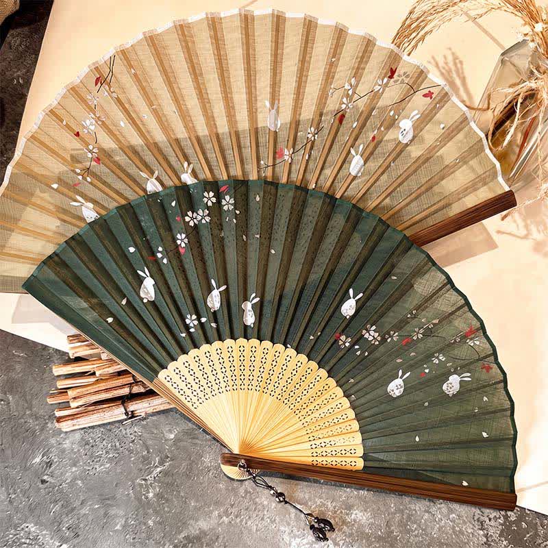 Buddha Stones Abanico plegable elegante de bambú con diseño de conejo Sakura Moon vintage, 22 cm - image 10