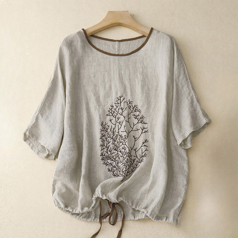 Camiseta de manga corta con cuello redondo y cordón ajustable para mujer, con bordado informal de árbol y Buddha Stones. - Gris claro - Media manga - US14，UK/AU18，EU46 (2XL) - image 0