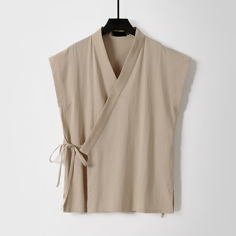 Buddha Stones 2 piezas de camisas de manga corta de algodón y lino con cordón ajustable estilo Tang para meditación de verano, pantalones cortos para hombre con bolsillos. - image 10