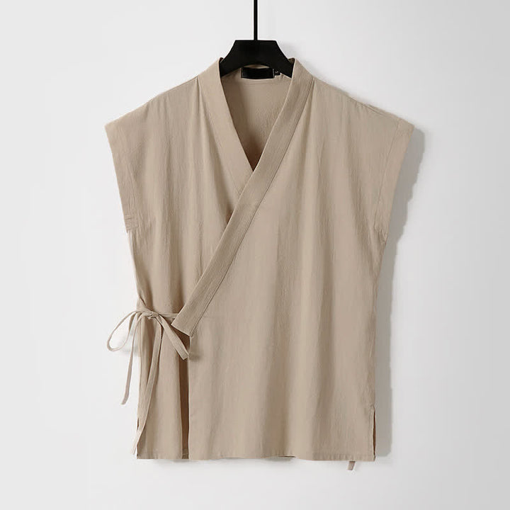 Buddha Stones 2 piezas de camisas de manga corta de algodón y lino con cordón ajustable estilo Tang para meditación de verano, pantalones cortos para hombre con bolsillos. - image 10