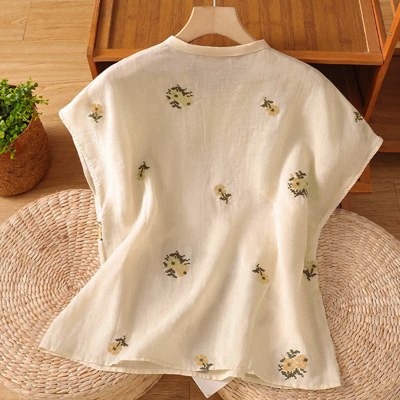Buddha Stones Camiseta sin mangas de verano estilo Tang con cuello mandarín y bordado floral para mujer. - image 1