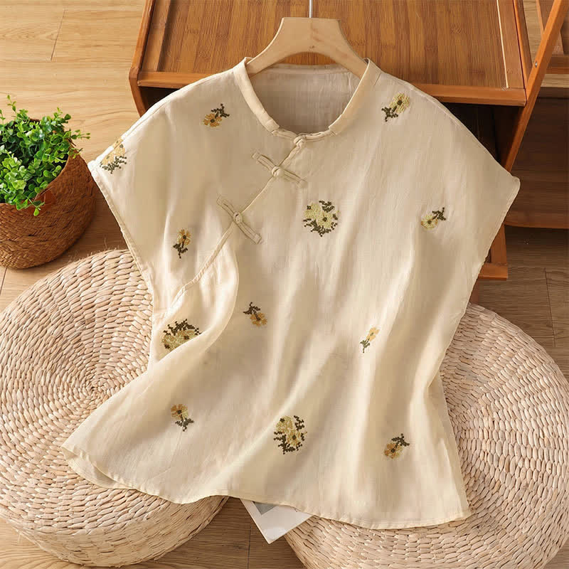 Buddha Stones Camiseta sin mangas de verano estilo Tang con cuello mandarín y bordado floral para mujer. - Beige - US12, UK/AU16, EU44 (2XL) - image 0