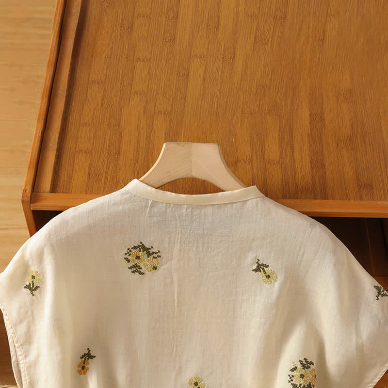 Buddha Stones Camiseta sin mangas de verano estilo Tang con cuello mandarín y bordado floral para mujer. - image 3