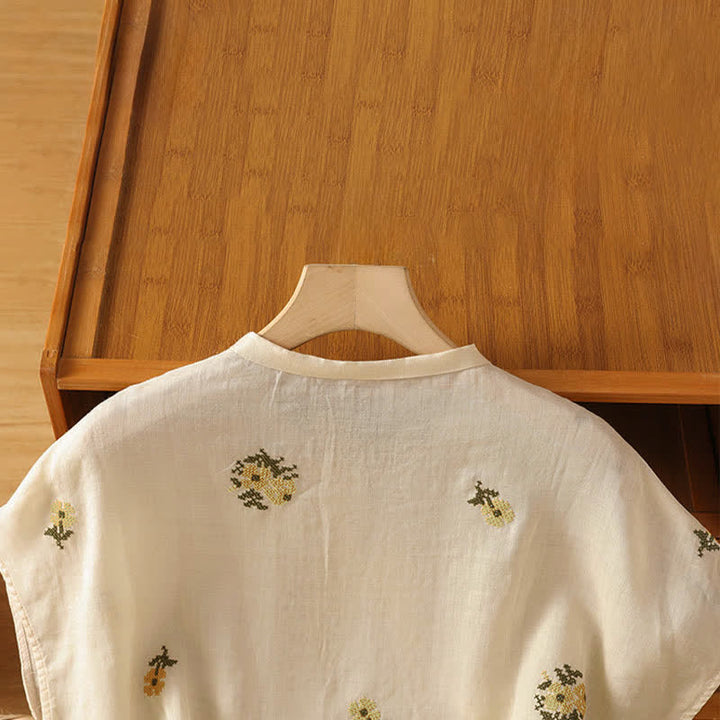 Buddha Stones Camiseta sin mangas de verano estilo Tang con cuello mandarín y bordado floral para mujer. - image 3