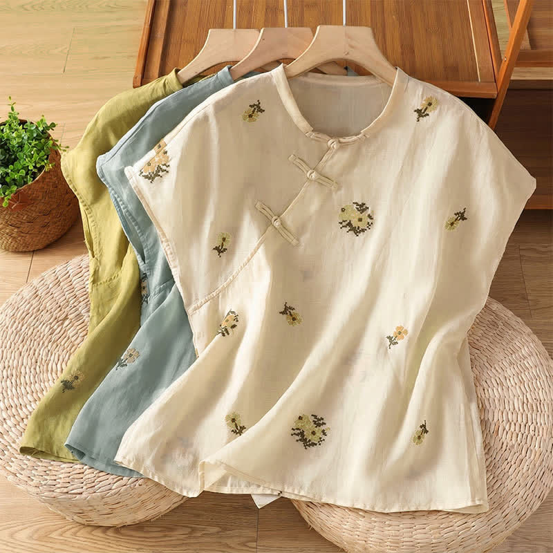 Buddha Stones Camiseta sin mangas de verano estilo Tang con cuello mandarín y bordado floral para mujer. - image 22