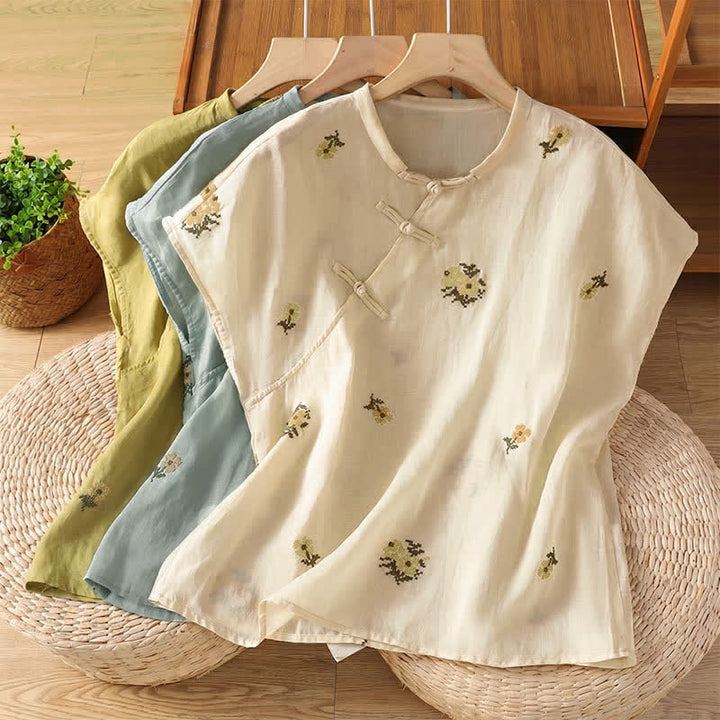 Buddha Stones Camiseta sin mangas de verano estilo Tang con cuello mandarín y bordado floral para mujer. - image 22