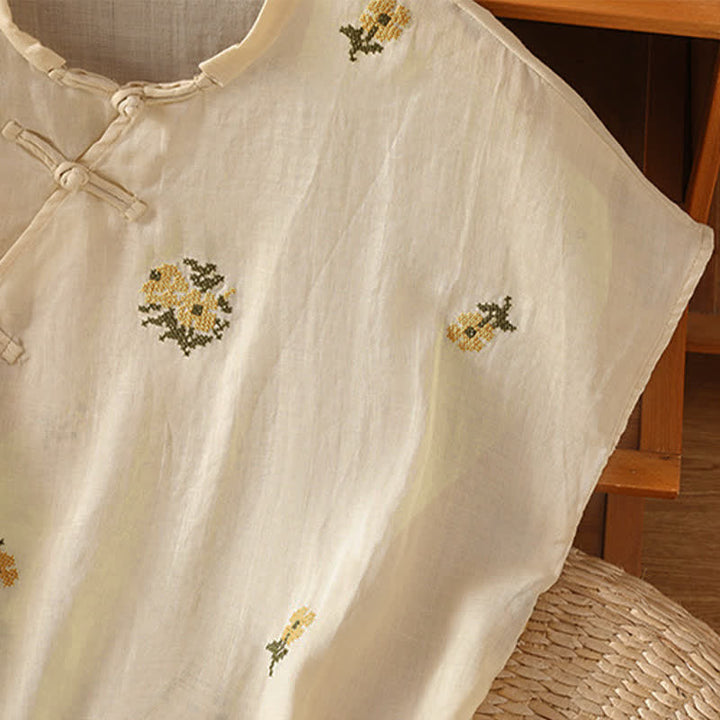 Buddha Stones Camiseta sin mangas de verano estilo Tang con cuello mandarín y bordado floral para mujer. - image 5