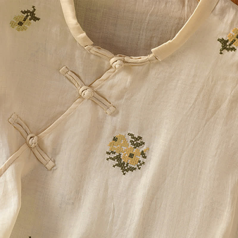 Buddha Stones Camiseta sin mangas de verano estilo Tang con cuello mandarín y bordado floral para mujer. - image 4