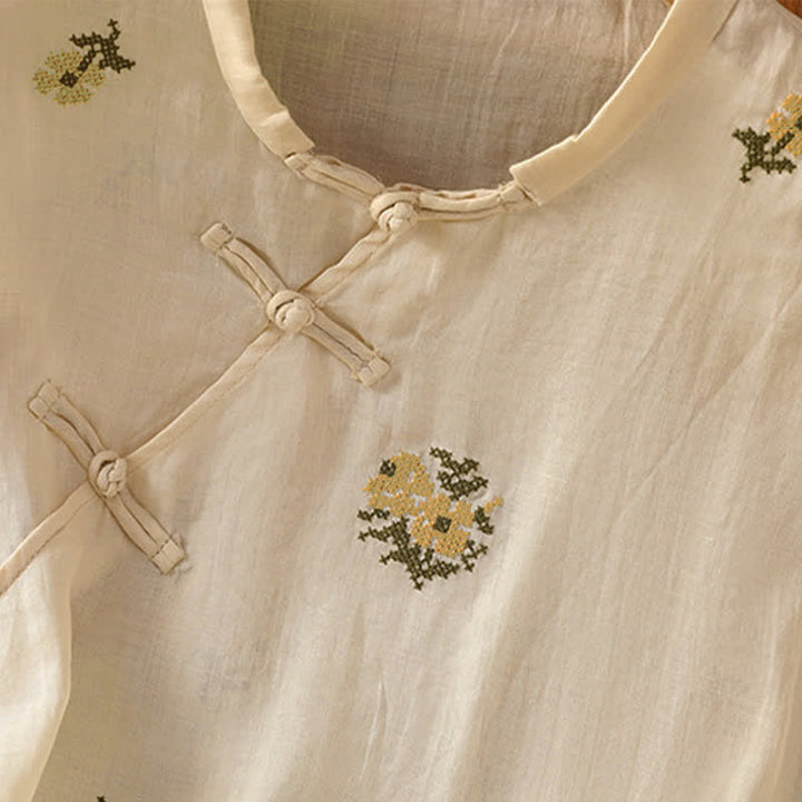 Buddha Stones Camiseta sin mangas de verano estilo Tang con cuello mandarín y bordado floral para mujer. - image 4