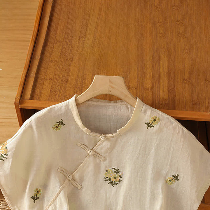 Buddha Stones Camiseta sin mangas de verano estilo Tang con cuello mandarín y bordado floral para mujer. - image 2