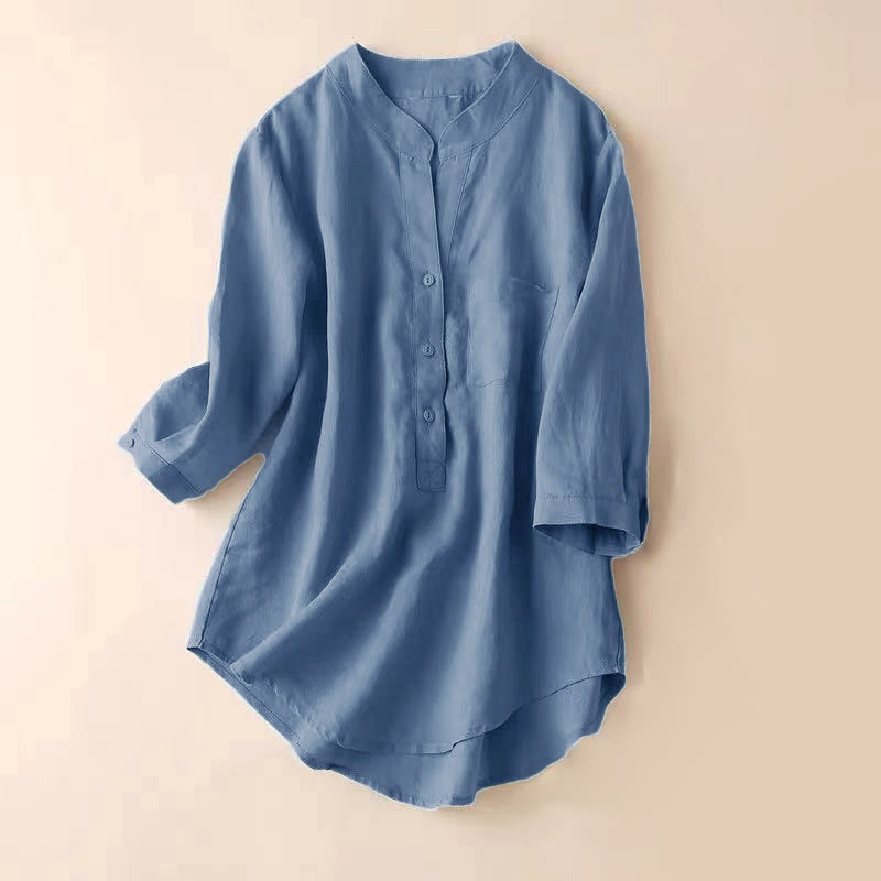 Camisa de lino y algodón lisa con diseño de manga tres cuartos y escote en V para mujer de Buddha Stones - Azul acero claro - US12, UK/AU16, EU44 (3XL) - image 0