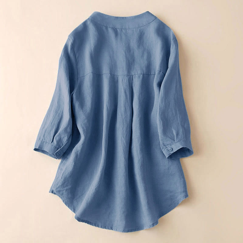 Camisa de lino y algodón lisa con diseño de manga tres cuartos y escote en V para mujer de Buddha Stones - image 2