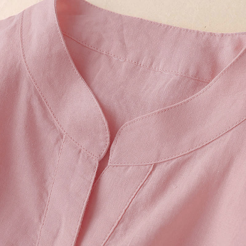 Camisa de lino y algodón lisa con diseño de manga tres cuartos y escote en V para mujer de Buddha Stones - image 8