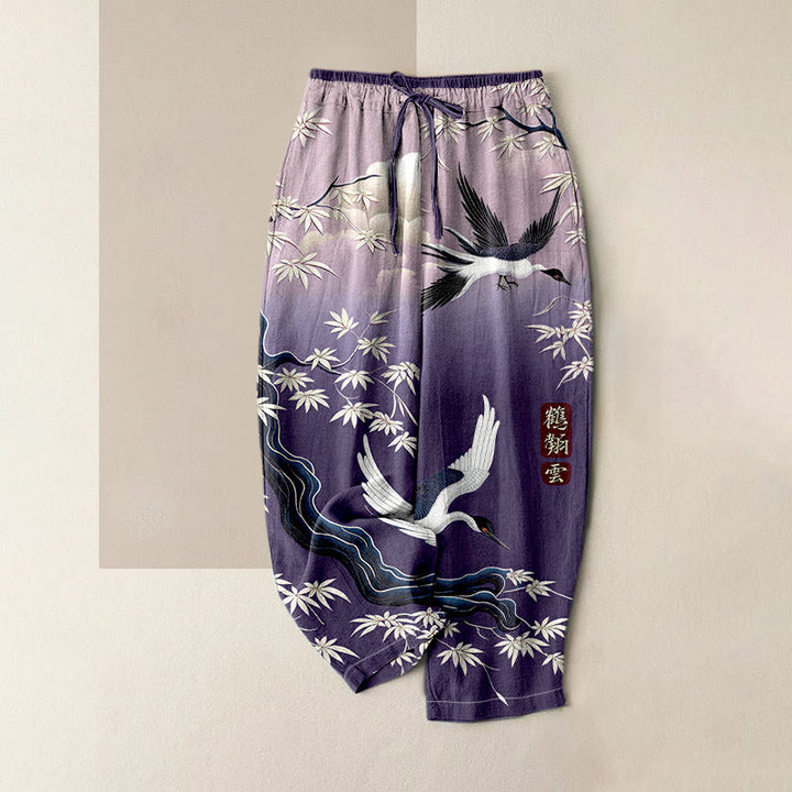 Buddha Stones Pantalones de mujer de algodón puro con elegante estampado de grullas y bambú, cintura elástica y bolsillos. - Morado medio - US16，UK/AU20，EU48 (3XL) - image 2