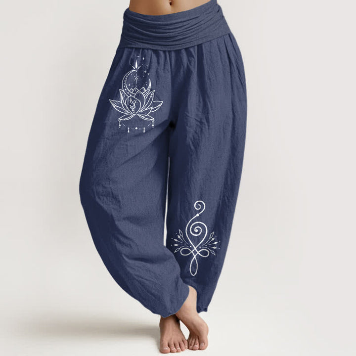 Buddha Stones Pantalones harem de algodón puro con estampado de loto y luna para mujer, cintura elástica. - Azul pizarra oscuro - US16，UK/AU20，EU48 (3XL) - image 0