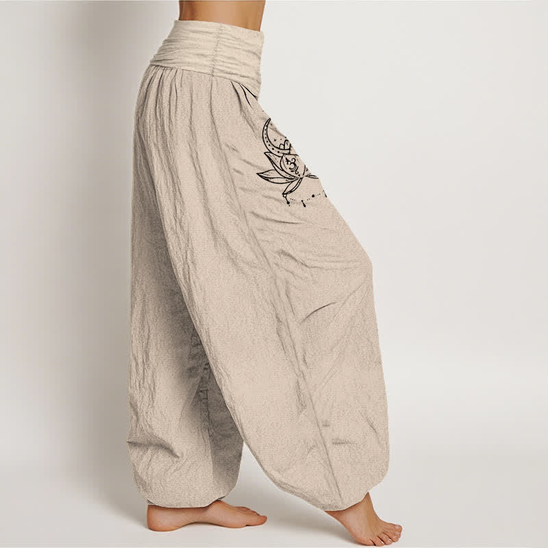 Buddha Stones Pantalones harem de algodón puro con estampado de loto y luna para mujer, cintura elástica. - image 12