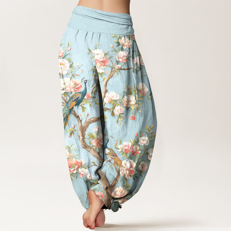 Buddha Stones Pantalones harem de algodón con estampado de flores de pavo real y cintura elástica para mujer. - image 2
