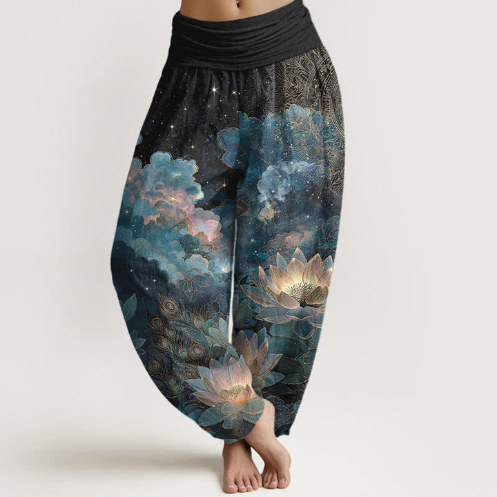 Buddha Stones Pantalones harem de mujer con cintura elástica y estampado de loto de algodón y cielo nocturno. - Negro - US16，UK/AU20，EU48 (3XL) - image 8