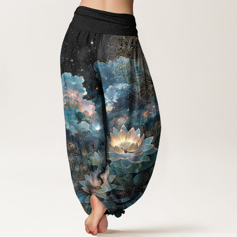Buddha Stones Pantalones harem de mujer con cintura elástica y estampado de loto de algodón y cielo nocturno. - image 10