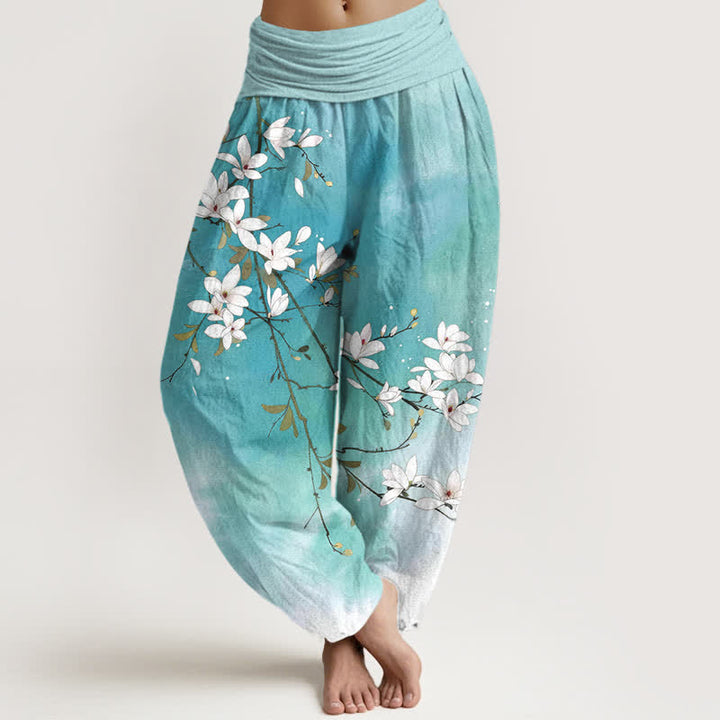Buddha Stones Pantalones harem de mujer con cintura elástica y estampado de ramas de magnolia blancas, de algodón puro. - Turquesa - US16，UK/AU20，EU48 (3XL) - image 0