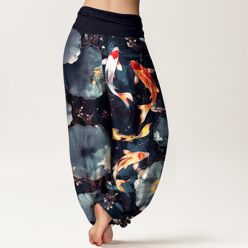 Buddha Stones Pantalones harem de mujer con cintura elástica y estampado de hojas de loto y peces koi de algodón. - image 10