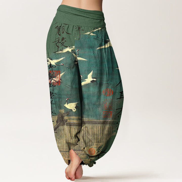 Buddha Stones Pantalones harem de mujer con cintura elástica y estampado de grullas voladoras de algodón. - image 7