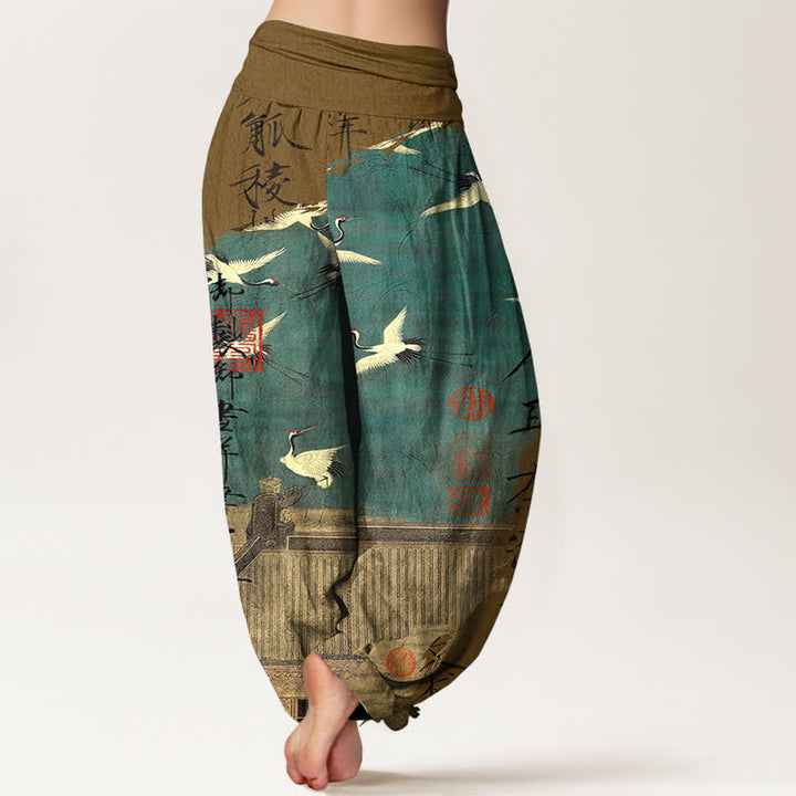 Buddha Stones Pantalones harem de mujer con cintura elástica y estampado de grullas voladoras de algodón. - image 10