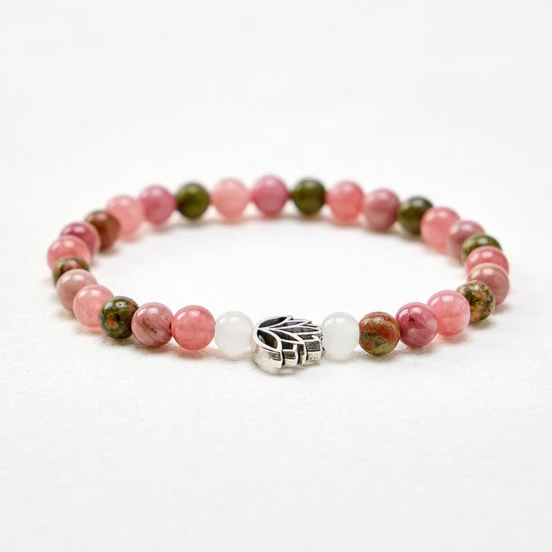 Buddha Stones Pulsera de rodonita, unakita, jade blanco, loto, amor e iluminación - image 3