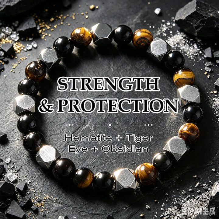Buddha Stones Pulsera protectora facetada de hematita ojo de tigre y obsidiana negra - Hematita, obsidiana negra, ojo de tigre (circunferencia de la muñeca: 5,9-6,3 pulgadas / 15-16 cm) - image 0