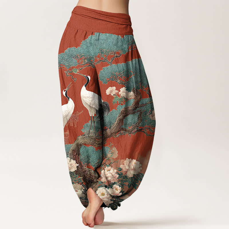 Buddha Stones Pantalones harem de mujer con cintura elástica y estampado de grullas de algodón. - image 10