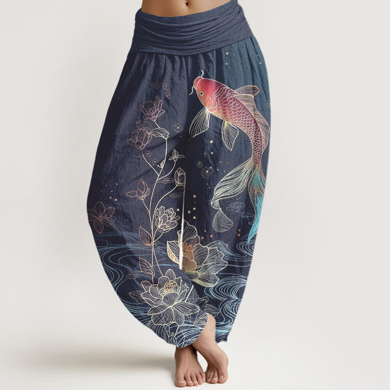Buddha Stones Pantalones harén de algodón puro con cintura elástica para mujer con estampado de pez loto - Azul pizarra - US16，UK/AU20，EU48 (3XL) - image 0