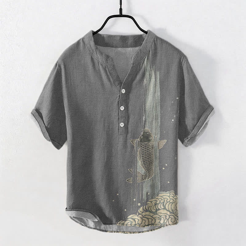 Buddha Stones Camisa de manga corta con medio botón y estampado de ondas de agua de peces koi para hombre, de algodón. - Gris - US/UK/AU50, EU60 (5XL) - image 5
