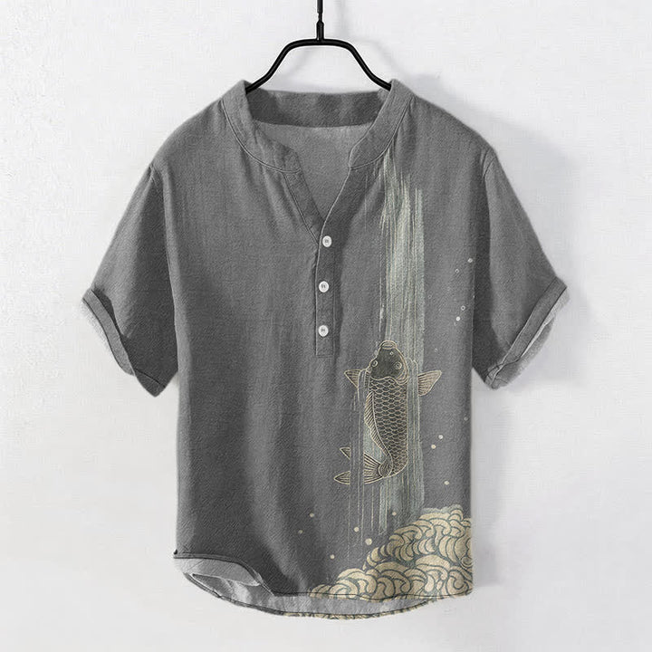 Buddha Stones Camisa de manga corta con medio botón y estampado de ondas de agua de peces koi para hombre, de algodón. - Gris - US/UK/AU50, EU60 (5XL) - image 5