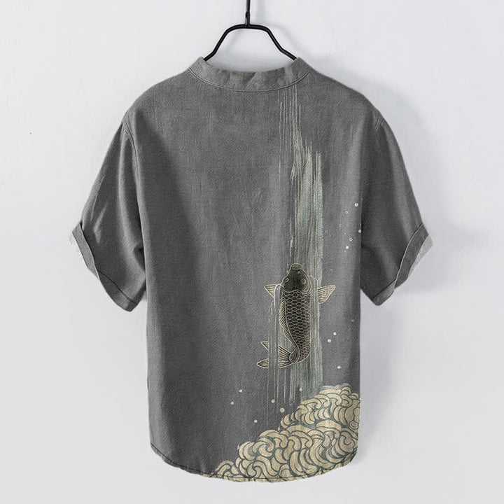 Buddha Stones Camisa de manga corta con medio botón y estampado de ondas de agua de peces koi para hombre, de algodón. - image 6