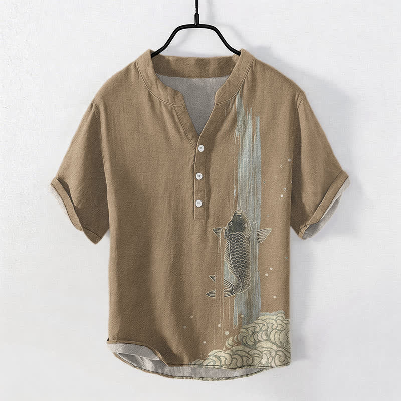 Buddha Stones Camisa de manga corta con medio botón y estampado de ondas de agua de peces koi para hombre, de algodón. - Broncearse - US/UK/AU50, EU60 (5XL) - image 10