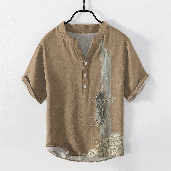 Buddha Stones Camisa de manga corta con medio botón y estampado de ondas de agua de peces koi para hombre, de algodón. - Broncearse - US/UK/AU50, EU60 (5XL) - image 10