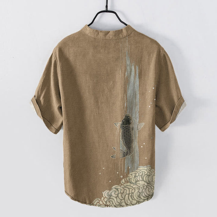 Buddha Stones Camisa de manga corta con medio botón y estampado de ondas de agua de peces koi para hombre, de algodón. - image 11