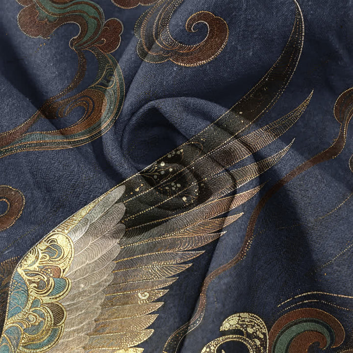 Buddha Stones Camisa de manga corta con medio botón para hombre, de algodón con estampado de grulla dorada y olas. - image 4