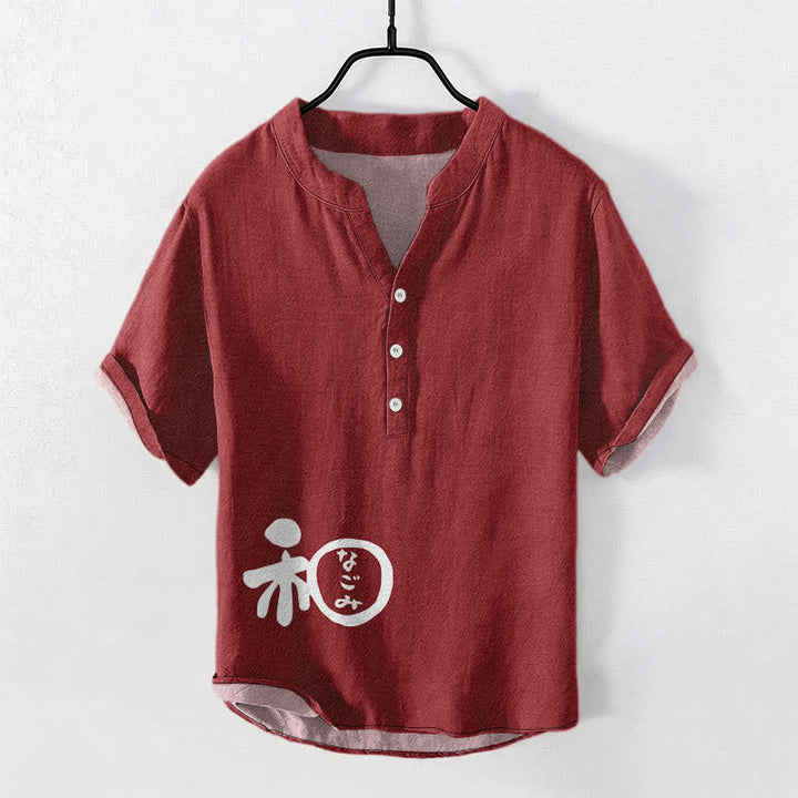 Buddha Stones Camisa de manga corta con medio botón para hombre, de algodón con estampado de escudo y escudo. - Granate - US/UK/AU50, EU60 (5XL) - image 0