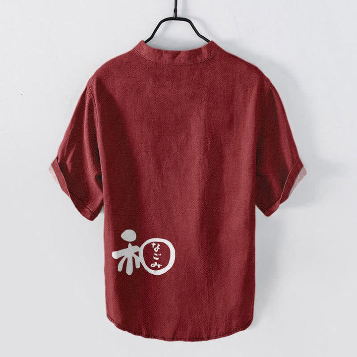 Buddha Stones Camisa de manga corta con medio botón para hombre, de algodón con estampado de escudo y escudo. - image 1