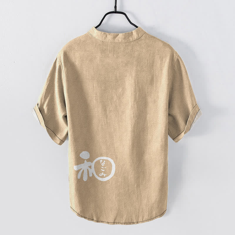 Buddha Stones Camisa de manga corta con medio botón para hombre, de algodón con estampado de escudo y escudo. - image 6