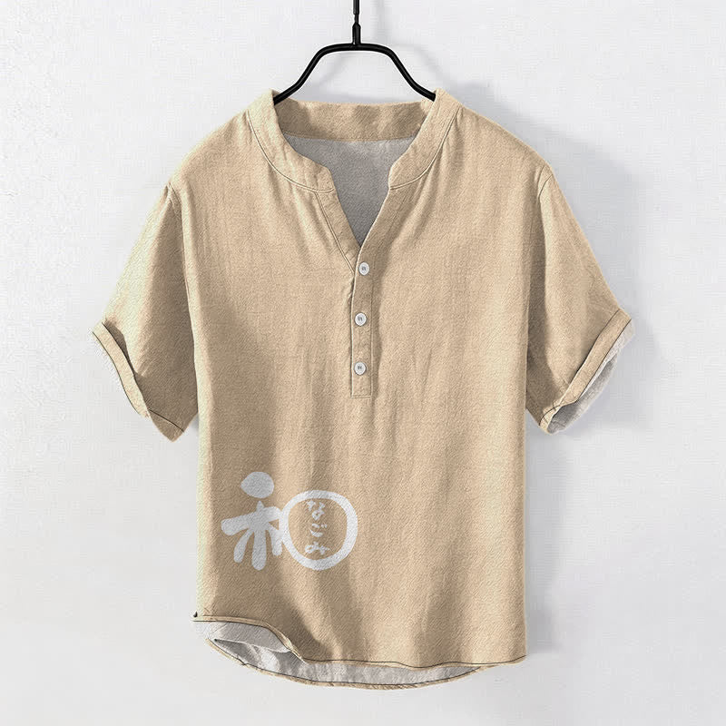 Buddha Stones Camisa de manga corta con medio botón para hombre, de algodón con estampado de escudo y escudo. - Beige - US/UK/AU50, EU60 (5XL) - image 5
